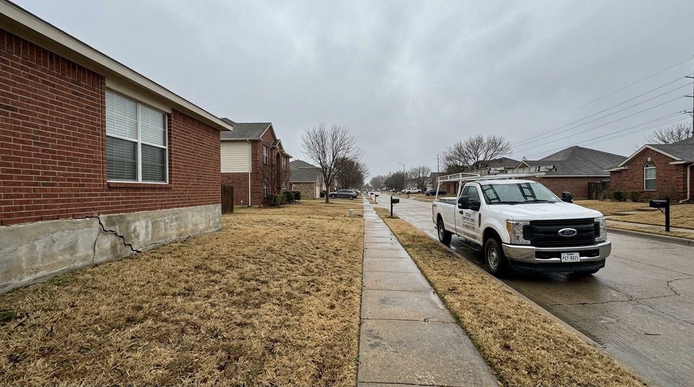 Foundation repair truck parked on suburban street near residential jobsite